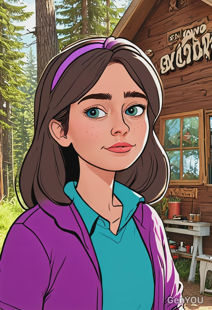 Hand-drawn disney cartoon style, Mabel Pines, flat colors, thin outlines, oversized cartoon eyes, bright daylight lighting, waist-up portrait, Mystery Shack on background