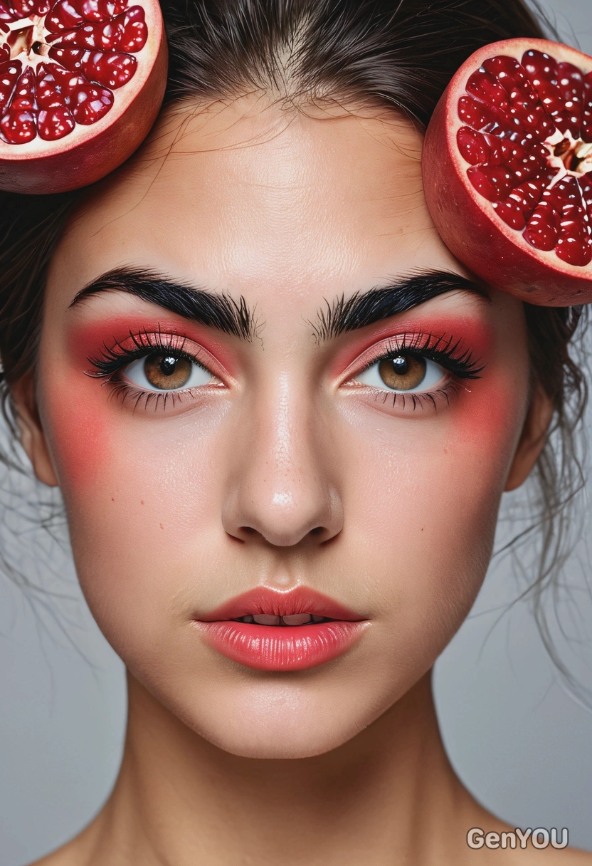 with a makeup inspired by pomegranat, symmetrical details, professional photoshoot