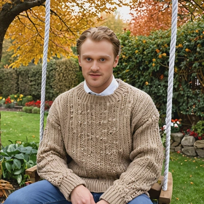 Wearing an oversized sweater, sitting on a wooden swing in an autumn garden