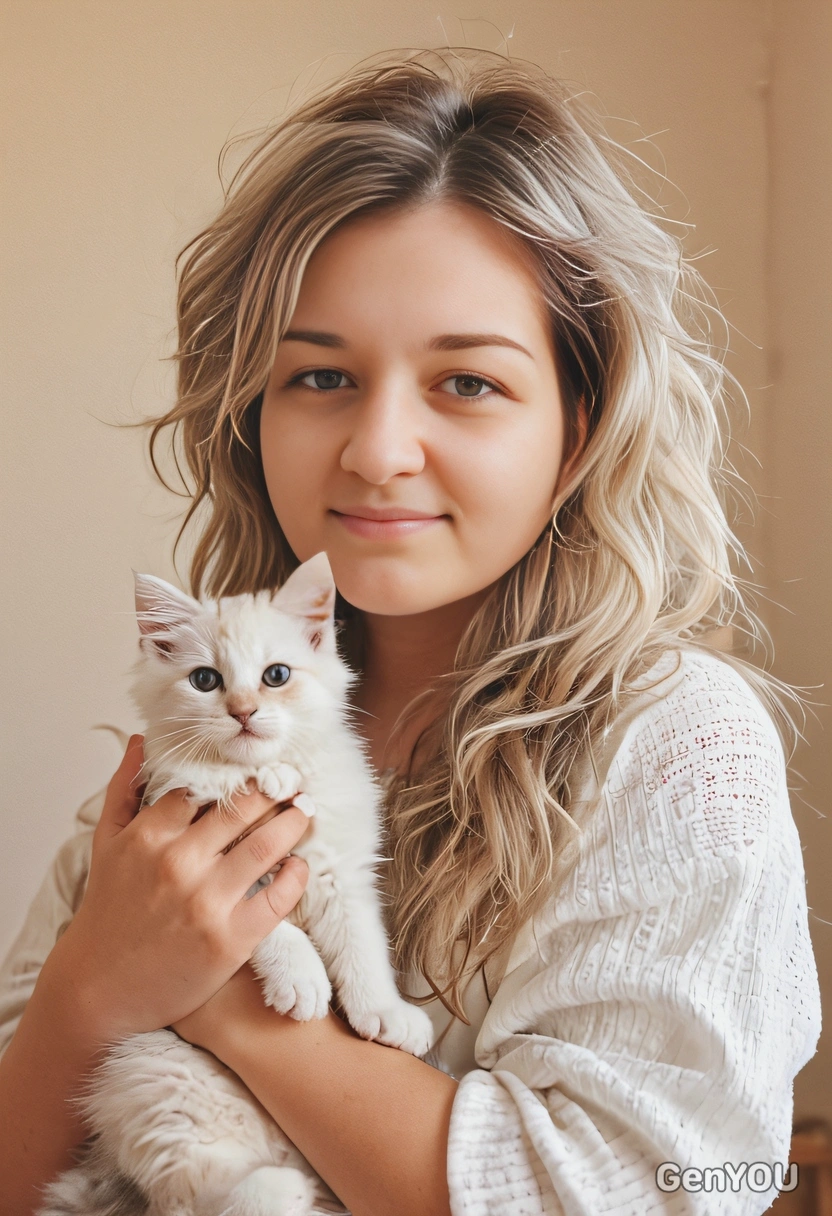 holding a kitten, home, soft focus, wavy hair, blurred background, warm tones, professional shot