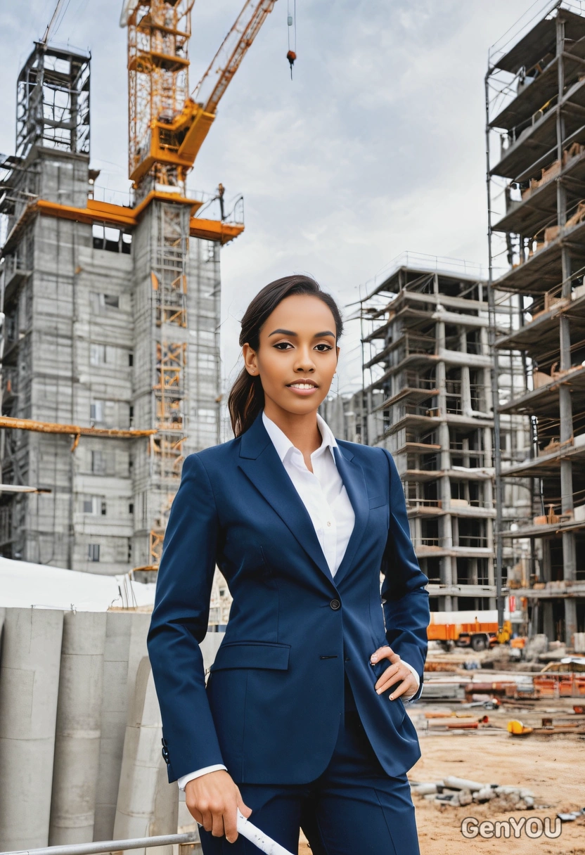 as an architect in a stylish suit with rolled-up blueprints under the arm, standing on a construction site with cranes and scaffolding, overseeing the building of a skyscraper