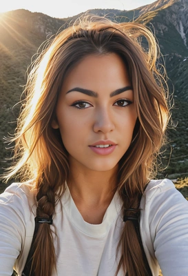 sharp selfie in the mountains, flirty smile, flight hair, golden hour