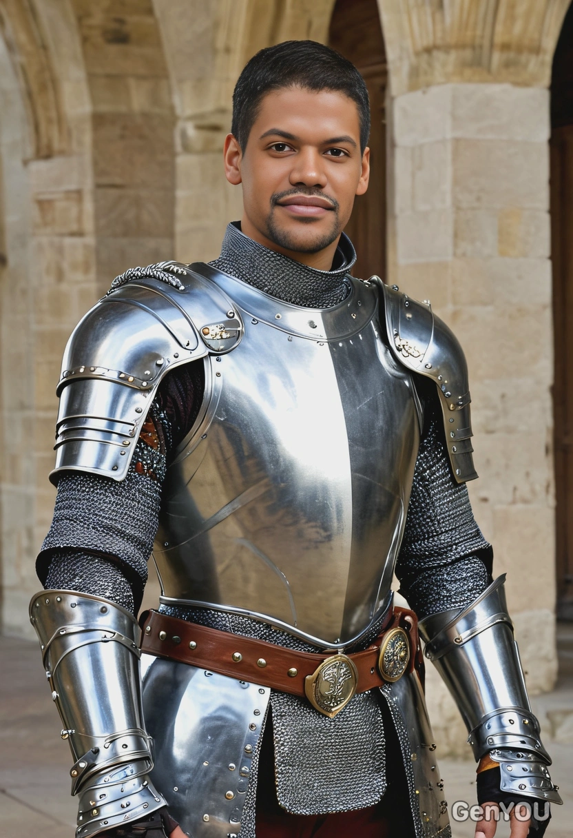 as a medieval knight, dressed in shining armor by your side inside the royal court