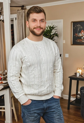 dressed in casual clothes, at a cozy house party