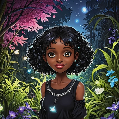 in a magical garden with glowing plants, anime, big eyes, drawing