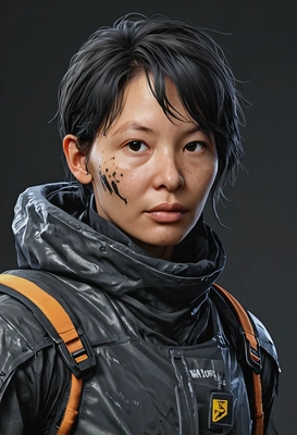 as a character from Death Stranding, walking with a delivery, high-quality stylized art, visible brushstrokes, eyes on you, cartoonish style