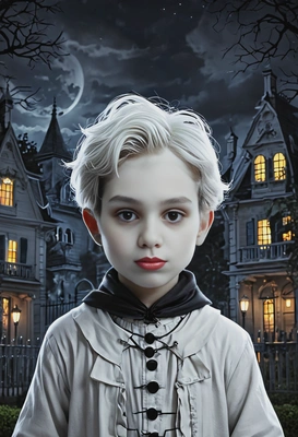 as a child ghost, white face, haunted mansion on background, night, symmetrical clothing details, cartoon style, high-quality stylized art