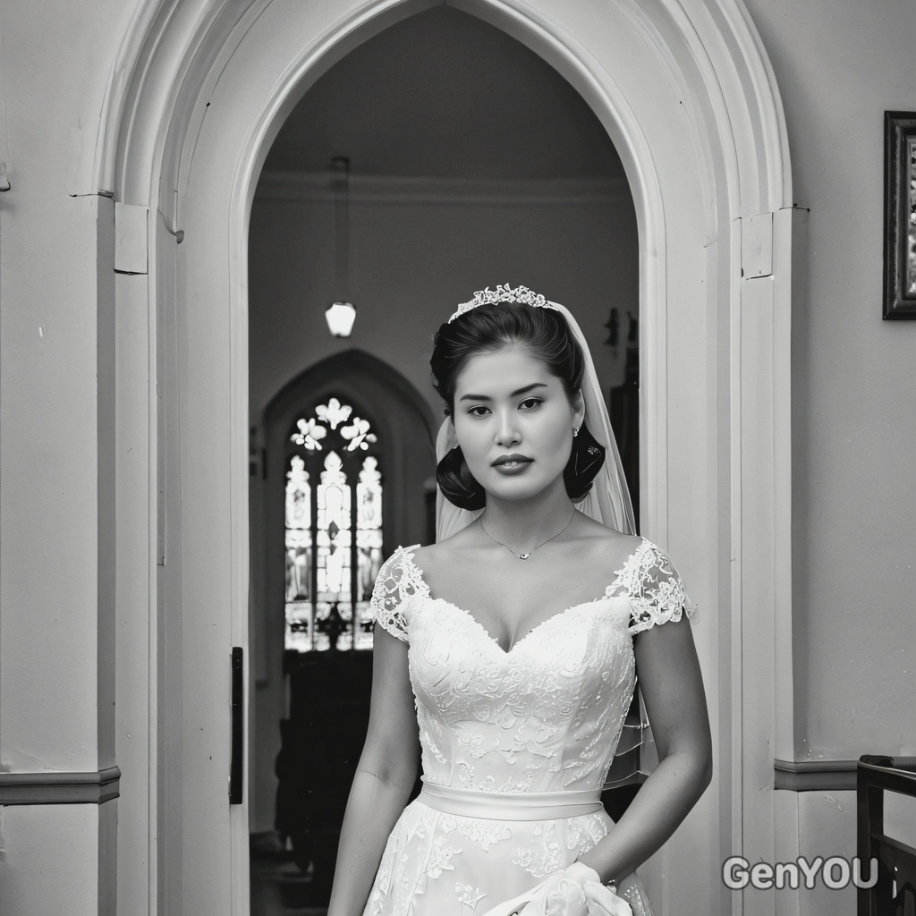 wearing a 1950s wedding dress, standing in a chapel doorway, black and white photo