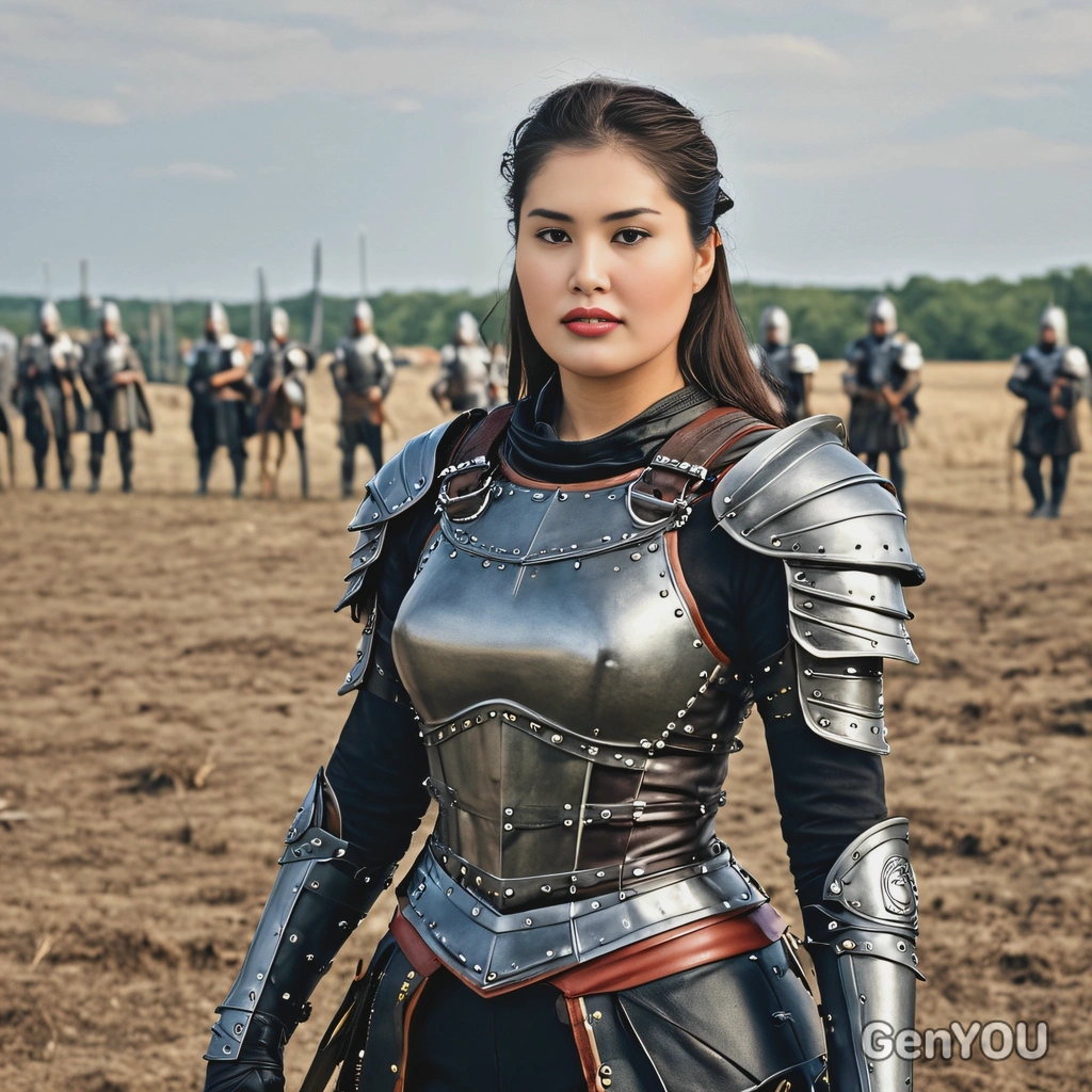 as a medieval warrior queen, wearing leather armor , standing on a battlefield with her army in the distance