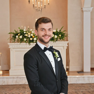 as a groom, in a tailored tuxedo, waiting at the altar with a smile 