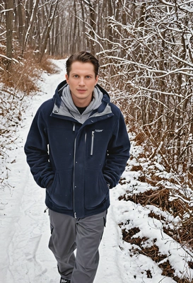 in a fleece jacket, walking down a snowy trail, looking at viewer 