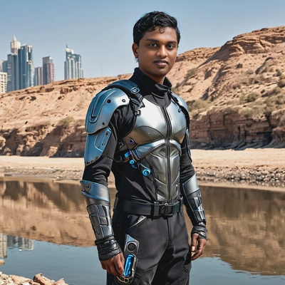  standing by a futuristic riverbank, cyberpunk outfit