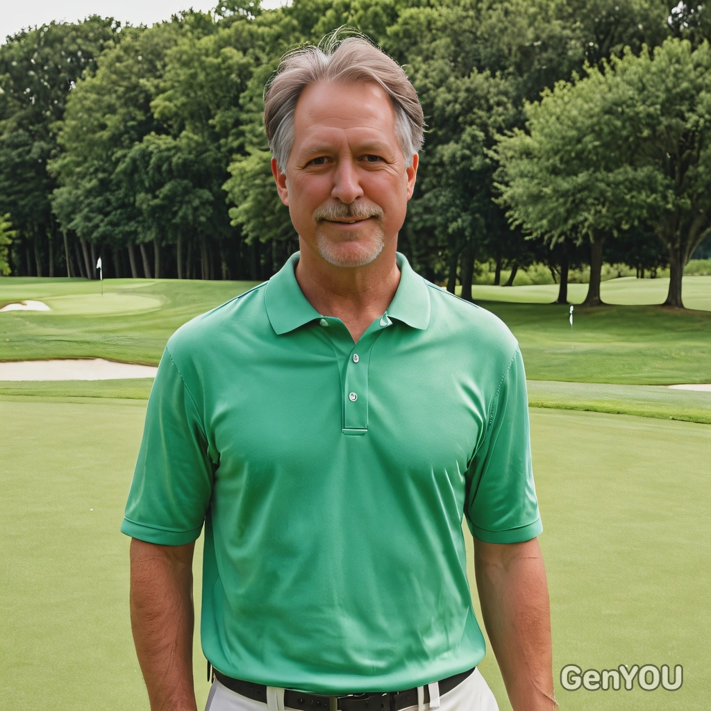 in casual summer attire on a lush green golf course, mid-shot photo 