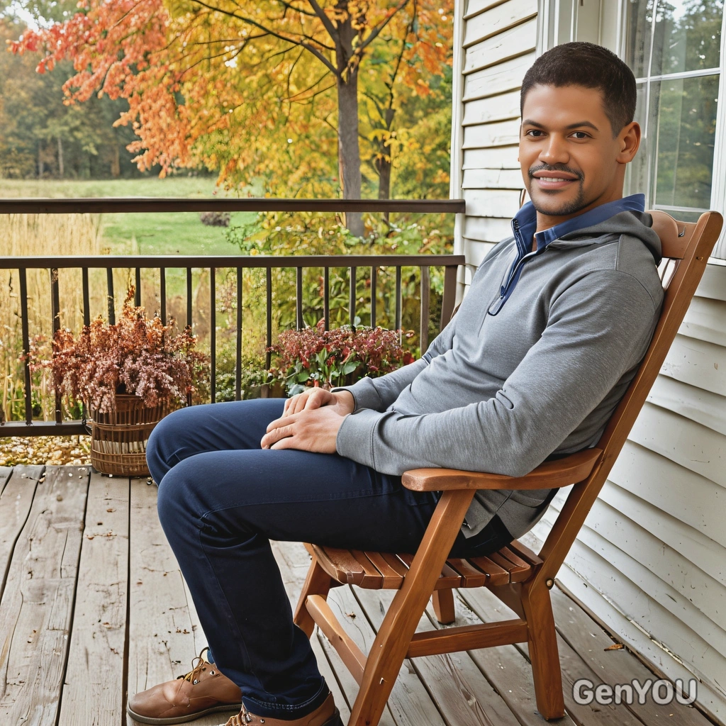 sitting in a wooden chair on a front porch, autumn background