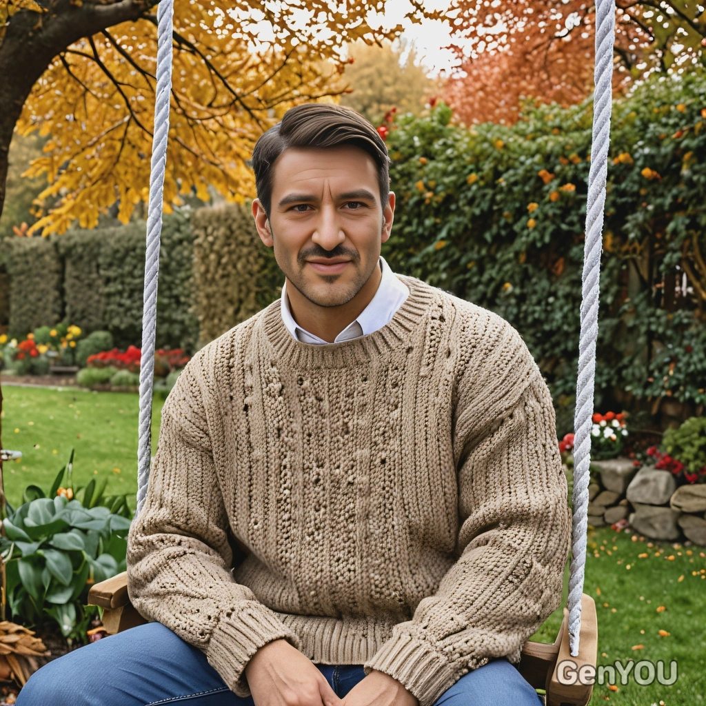 Wearing an oversized sweater, sitting on a wooden swing in an autumn garden