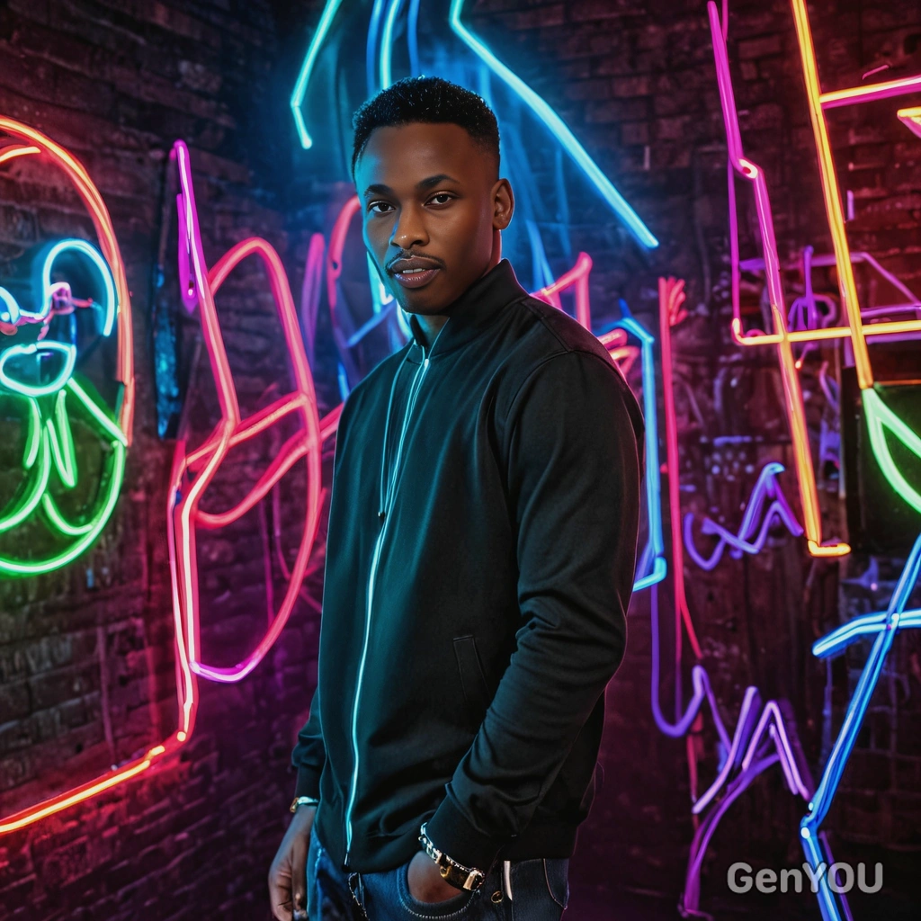 posing next to a neon lights at a vibrant club party