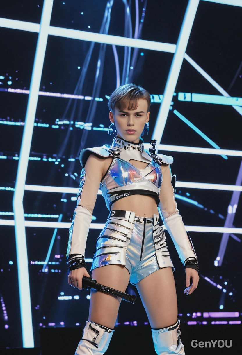as a K-pop idol, wearing a bold and futuristic outfit with holographic details, performing on a stage filled with high-tech LED screens and special effects, mid shot photo