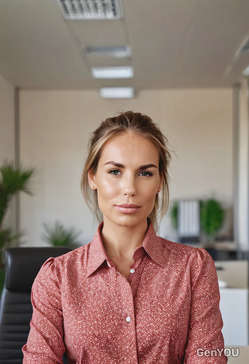 sharp high-quality portrait, sharp focus on face, freckles, confident smile, flight hair, lady boss in office dress-code red blouse, relaxed pose, blurry office background, midday indoor lighting