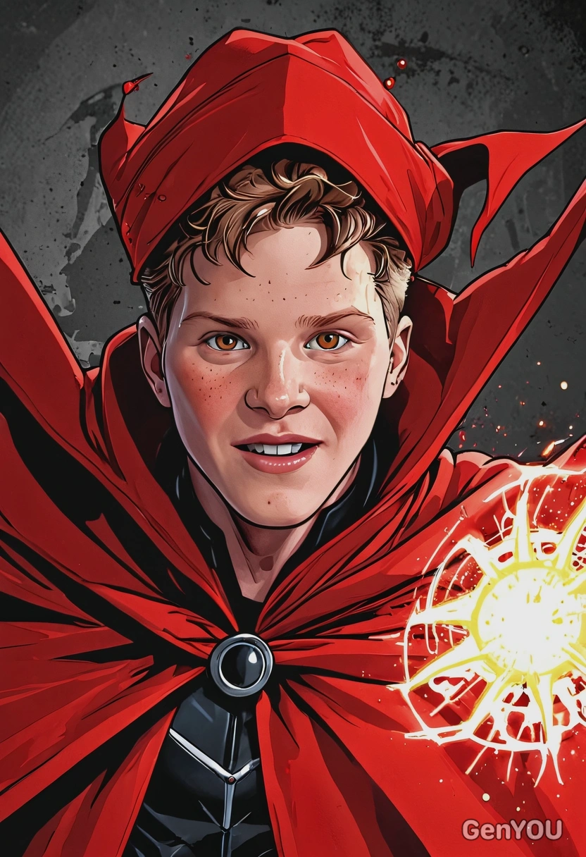 Hand-drawn flat cartoon style, Scarlet Witch from Marvel Comics, oversized cartoon big sparkling eyes, red headpiece and flowing cape, casting chaotic red magic with swirling energy, dynamic pose, sharp outlines, glowing crimson lighting, waist-up portrait, fractured dimensional background