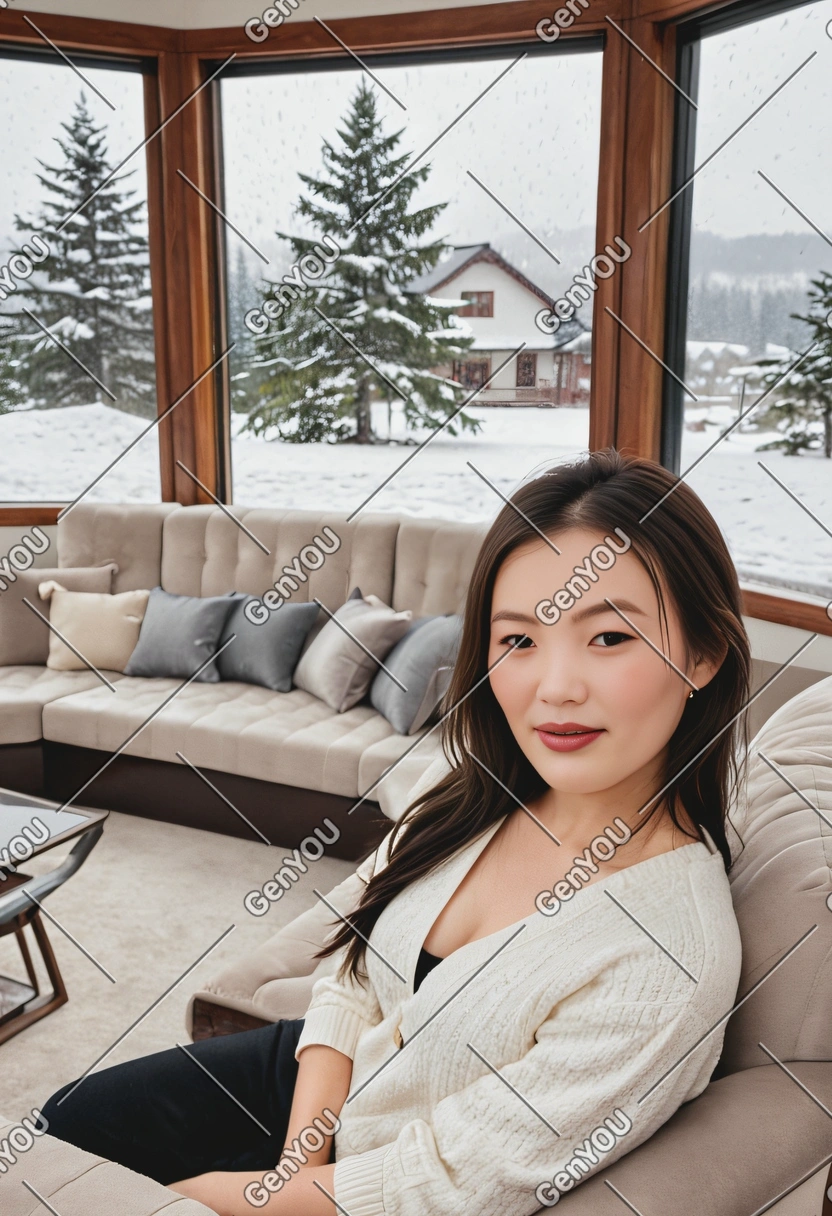 sitting on a plush couch in a grand living room, with a view of snow falling outside large windows