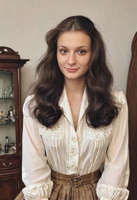 with luxurious voluminous long dark hair in natural state , photo shoot to please instagram. Vintage clothes, modest 1940s style, sensual.