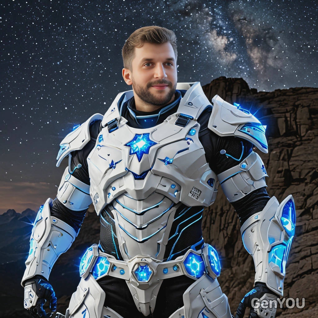 Wearing celestial armor with glowing blue accents, pose as a guardian of the stars, standing on a mountaintop under a sky full of twinkling stars