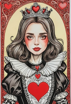 Hand-drawn flat cartoon style, ink outlines, Queen of Hearts from Alice in Wonderland, oversized cartoon eyes, royal temper glow lighting, waist-up portrait, card garden background