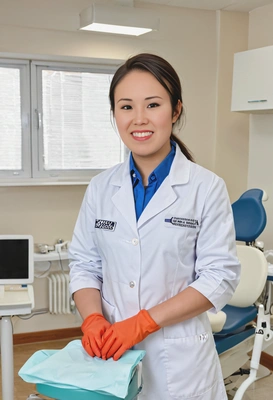 as a dentist in a white coat and gloves, standing in a brightly lit dental office