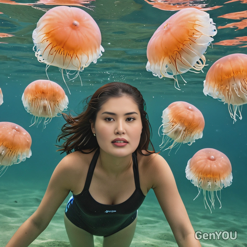 swimming with a group of jellyfish underwater