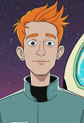 Hand-drawn flat cartoon style, Fry from Futurama, simple cartoon lines, oversized eyes, neon spaceship lighting, waist-up portrait, Planet Express background