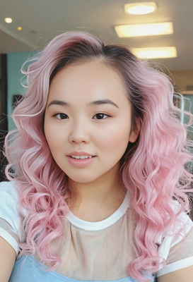 loose curls with a pastel cotton candy blend of baby pink and sky blue, soft focus, blurred background