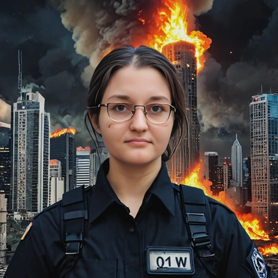 as a survivor of apocalypse,  tattered black security uniform, high above the city, scared expression on face, blurry ruins of skyscrapers on fire behind, dark night, showing OK gesture, selfie, looking directly at camera, vivid colors, high-quality cinematographic style