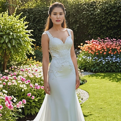 as a bride in a modern, sleeveless gown with a long train, standing in a sunlit garden surrounded by flowers, half body 