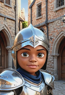 3D cartoon style, young male knight in shiny armor, oversized cartoon big sparkling eyes, waist-up pose, medieval courtyard background
