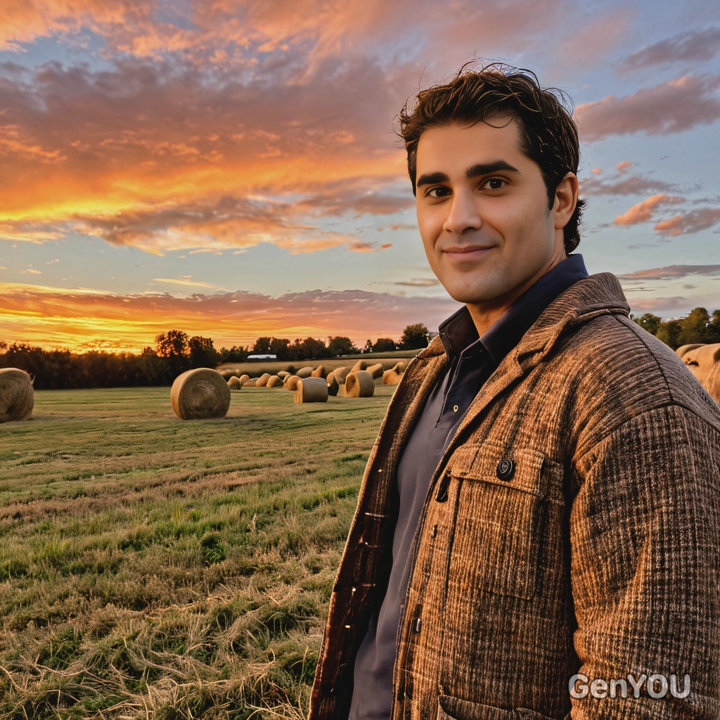 near hay bales on a farm, the autumn sky glows orange with the setting sun
