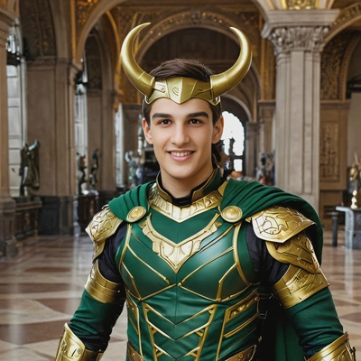 as Loki, dressed in his green and gold Asgardian armor with a horned helmet, standing in a dark palace hall with a mischievous grin