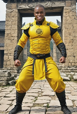 as a muscular martial artist, yellow ancient Chinese combat suit, ancient ruins behind, looking directly at the camera, smiling, symmetrical clothing details, cartoon style, high-quality stylized art