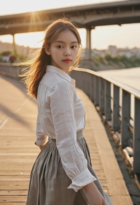 Sharp focus on face skin texture, crossing the river on the bridge, wearing a linen shirt with wide maxi skirt, sunset light, blurry low-rise town background