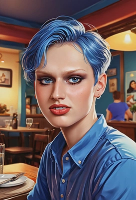 as an attractive non-binary person, vintage restaurant, eyes on you, evening, vivid colors, widt smile, blue shirt, high-quality stylized art, big eyes, cartoonish, visible brushstrokes
