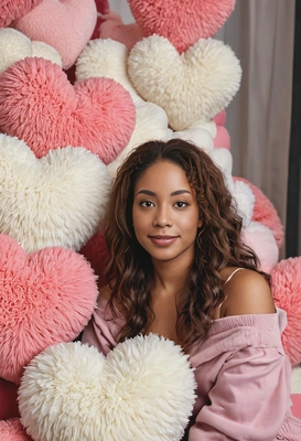posing among giant fluffy plush hearts, indoor lighting, professional high-quality photo, half-body shot, identity save, eyes straight, flirty gaze, straight hair, straight gaze