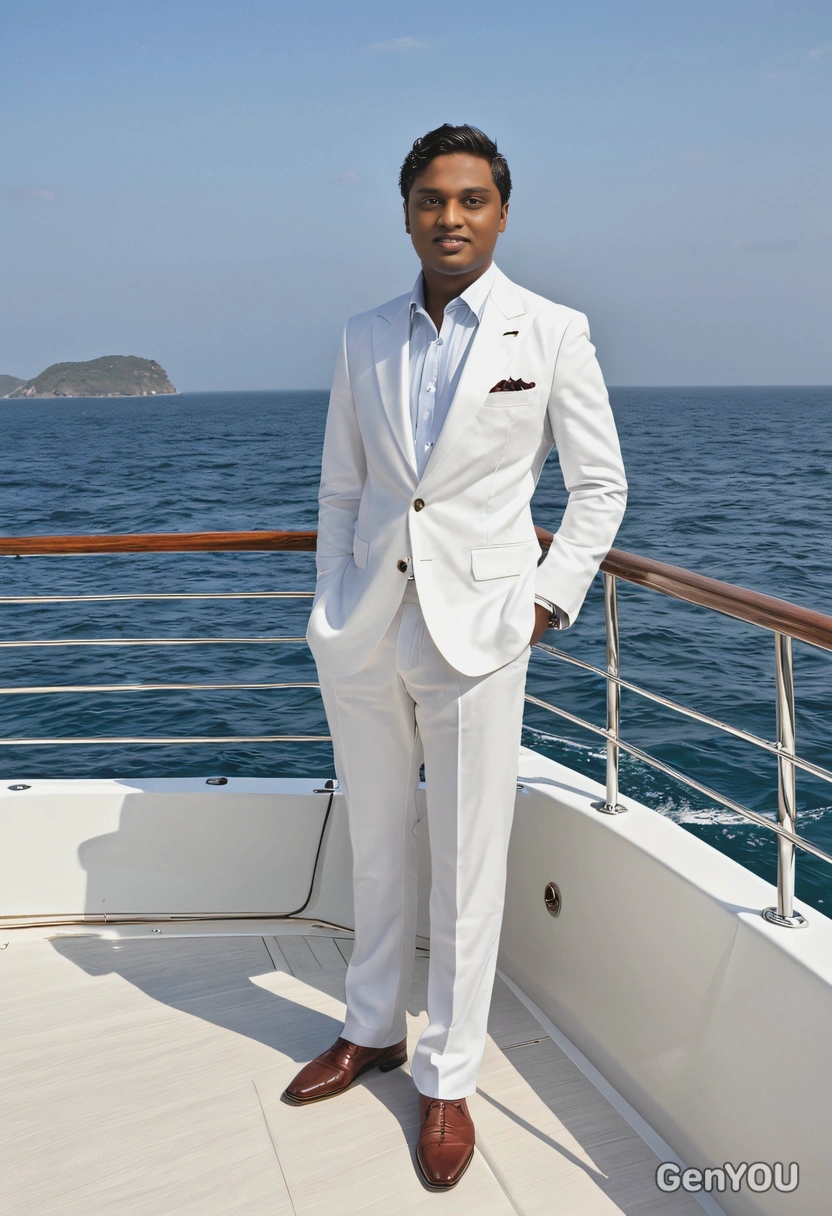 as a gentleman, standing on the deck of a luxury yacht, dressed in a classic white outfit, with the ocean on the background