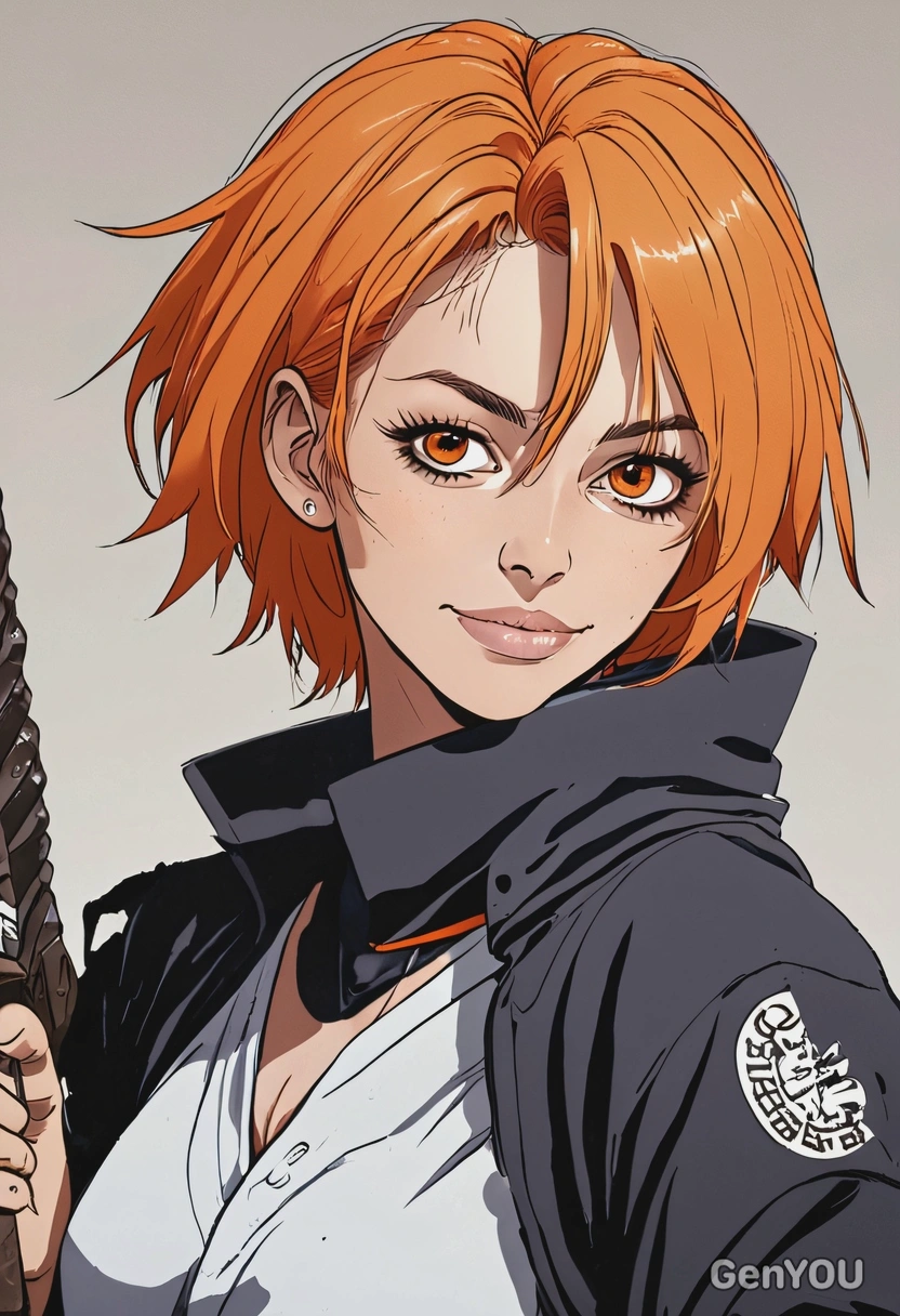 2D anime style, dark fantasy cel-shading, bold ink outlines, In Jujutsu Kaisen anime as Nobara Kugisaki, confident smirk, oversized anime eyes, short orange hair, gripping a hammer, cursed energy crackling, waist-up frame