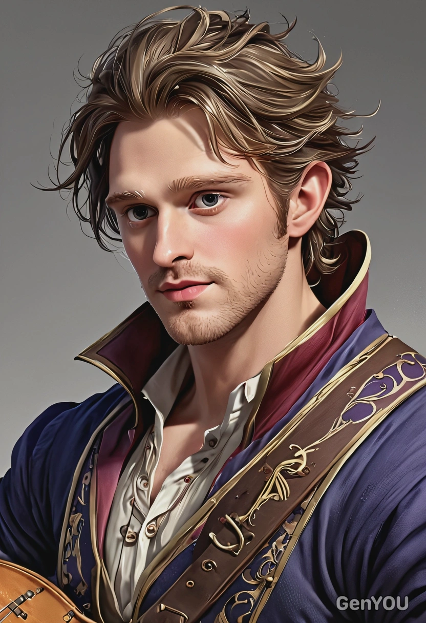 as a bard, singing, high-quality stylized art, eyes on you, visible brushstrokes 