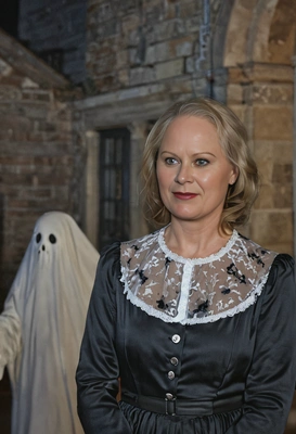 meeting an ghost in the old mantion, looking unimpressed, night, blurred background