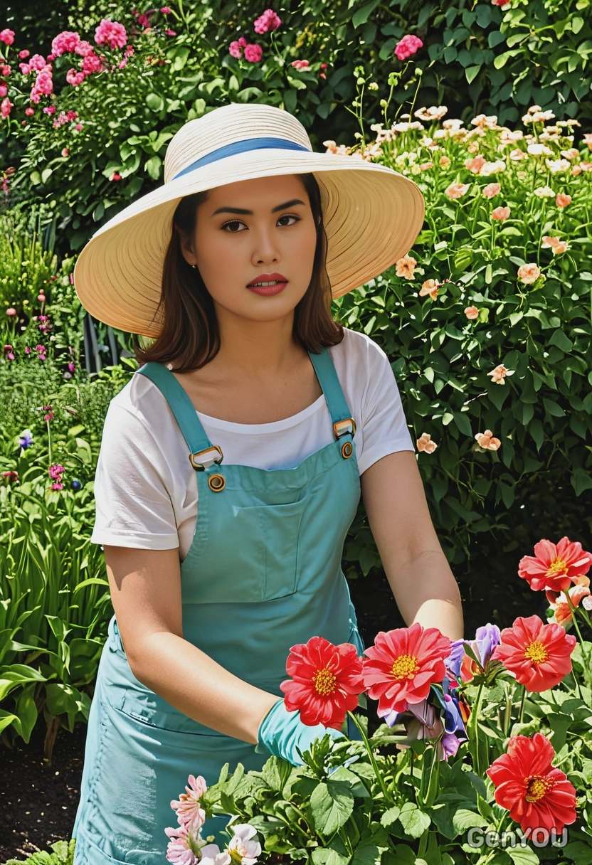 as a gardener in a sunhat, tending to a vibrant garden full of summer blooms 