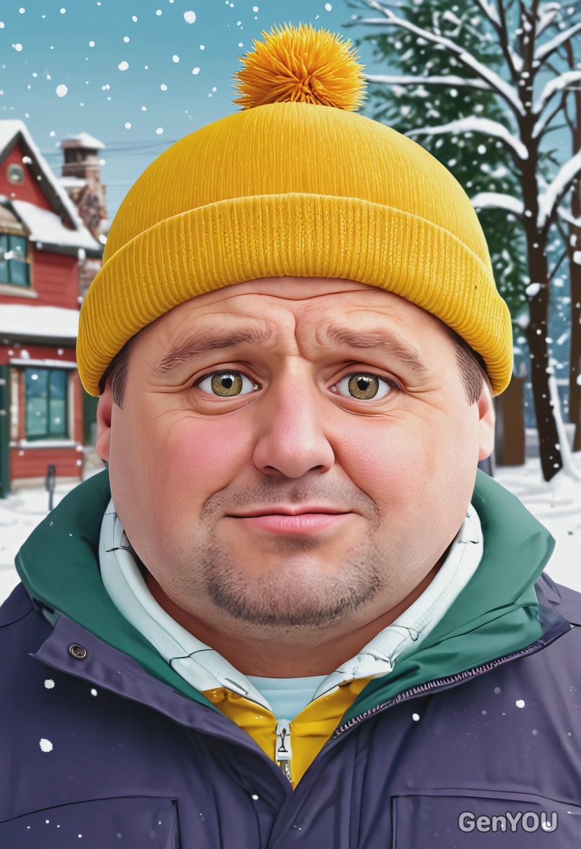 South Park flat cartoon style, flat colors, Eric Cartman from South Park, soft smiling, cartoon eyes with dots pupils, waist-up portrait, snowy street background