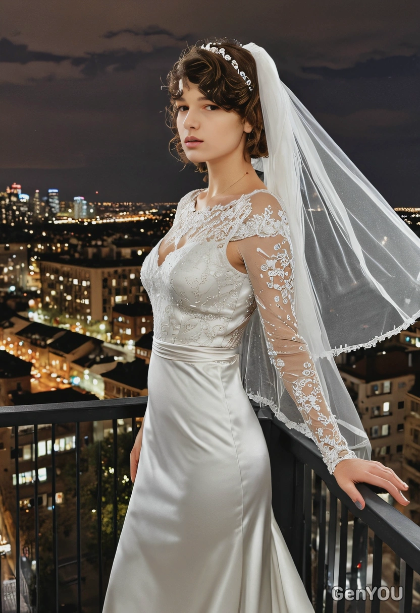 as a bride, standing on a balcony overlooking the city, wearing a sleek satin wedding dress, with her veil flowing in the wind and the city lights sparkling below