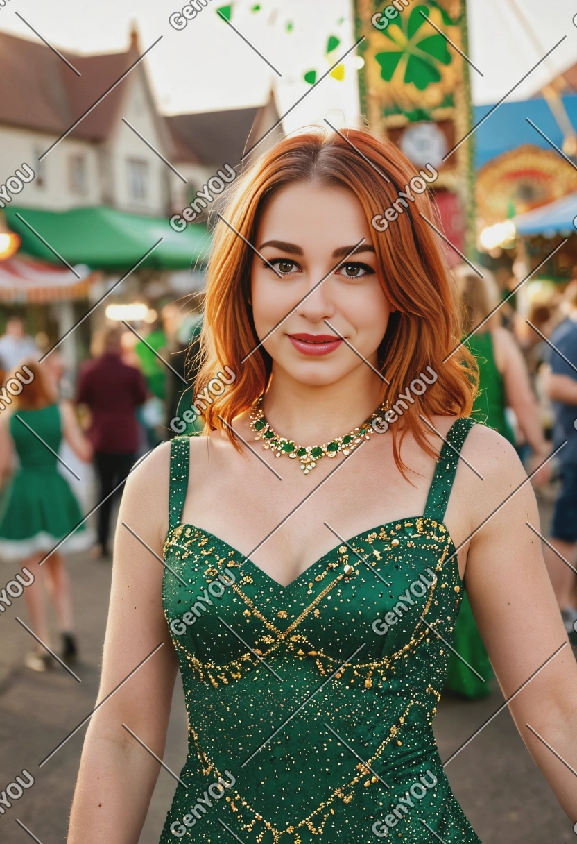 sharp high-quality, full-body photo, fizzy red hair, in a green dress with gold rhinestones, blurred ST Patrick's Day carnival background, golden hour