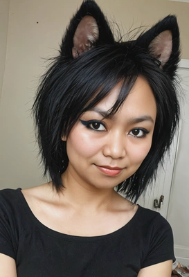 slim face and a wolf cut volume hair with black hair and emo makeup pretty girl,