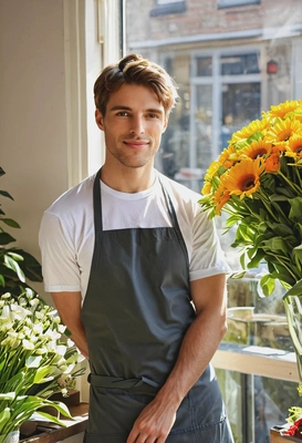 sharp quality photo, florist, wearing hip apron and white t-shirt, relaxed pose,  profile view, bright sun rays from the window, blurry florist store background
